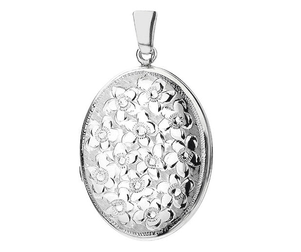 Silver hand engraved Flowers 30mm Oval Locket