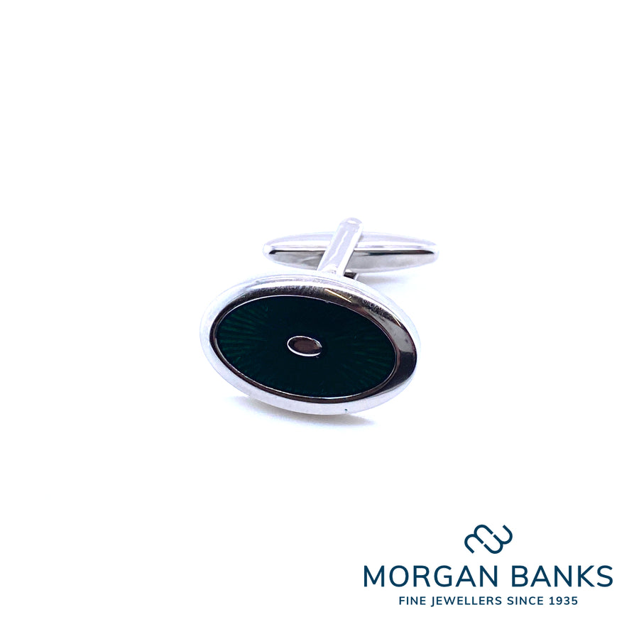 Dynamic Links Cufflinks Shiny Rhodium Oval with Green Enamel Sunburst Design 20014