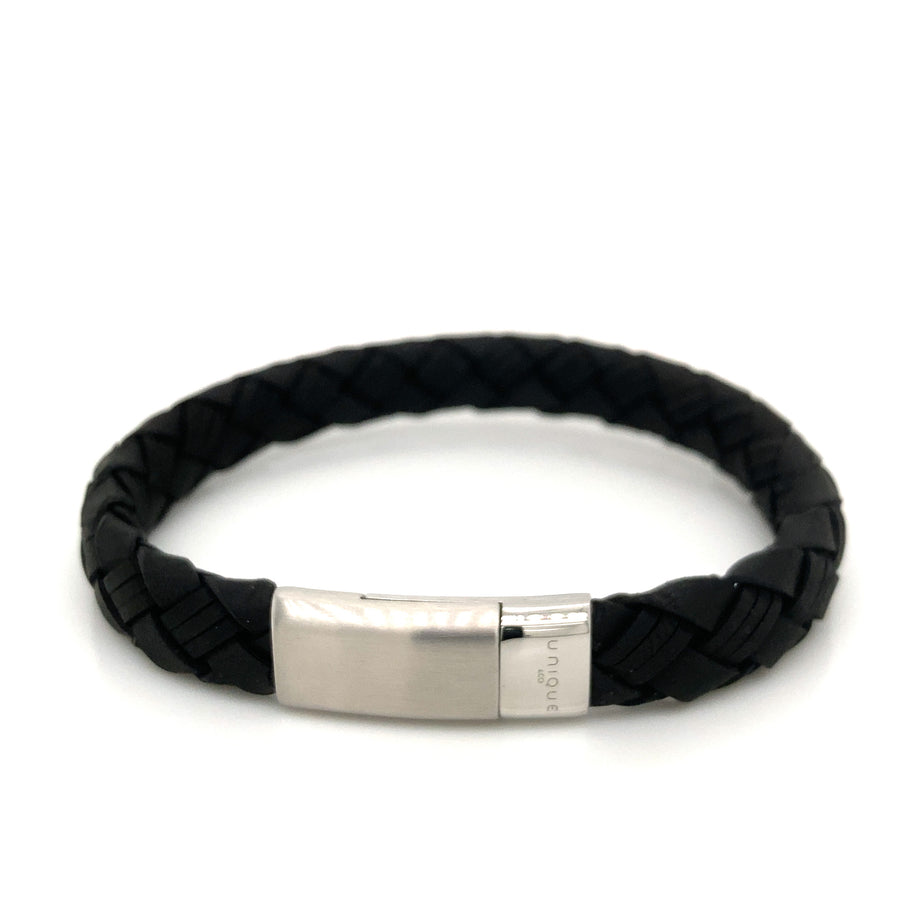 Unique and Co Black Leather Bracelet With Matte/Polish Steel Magnetic Clasp B497BL