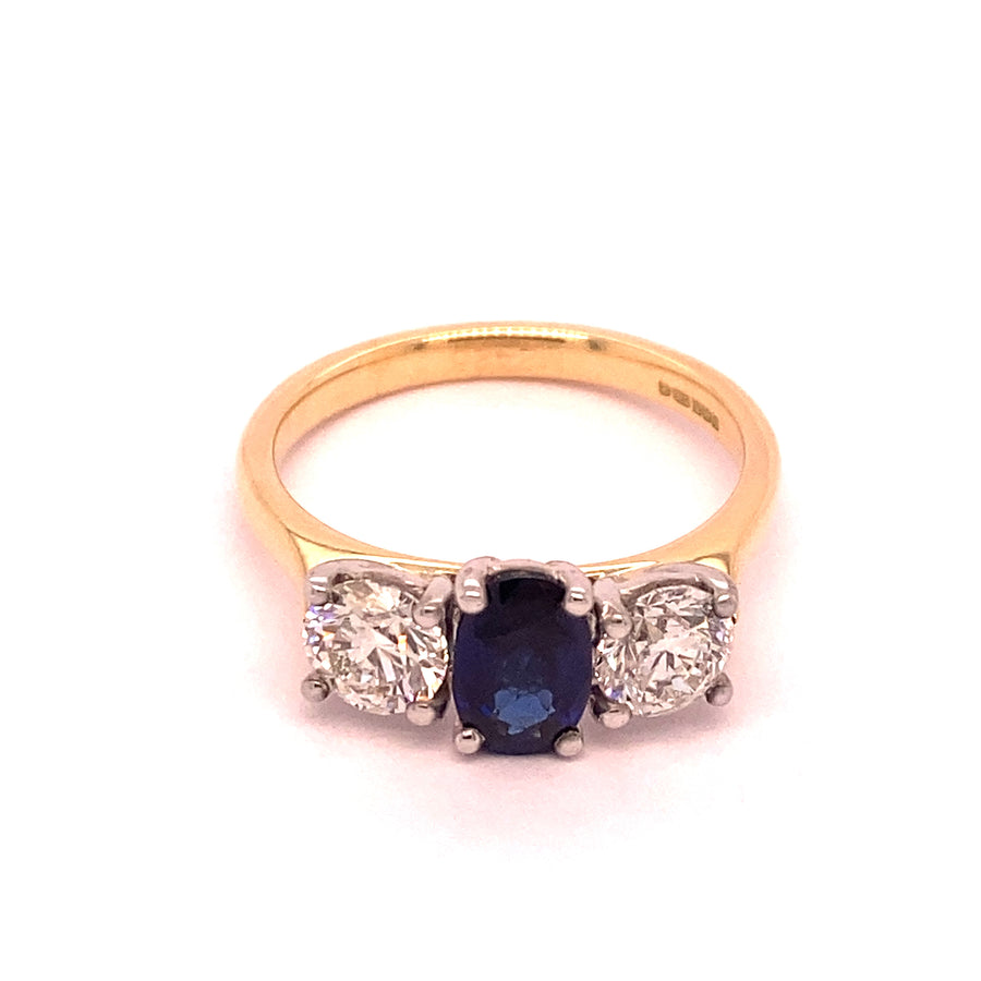 Sapphire and Diamond 3 Stone 18ct White Gold Ring .89ct S & 1.0ct D