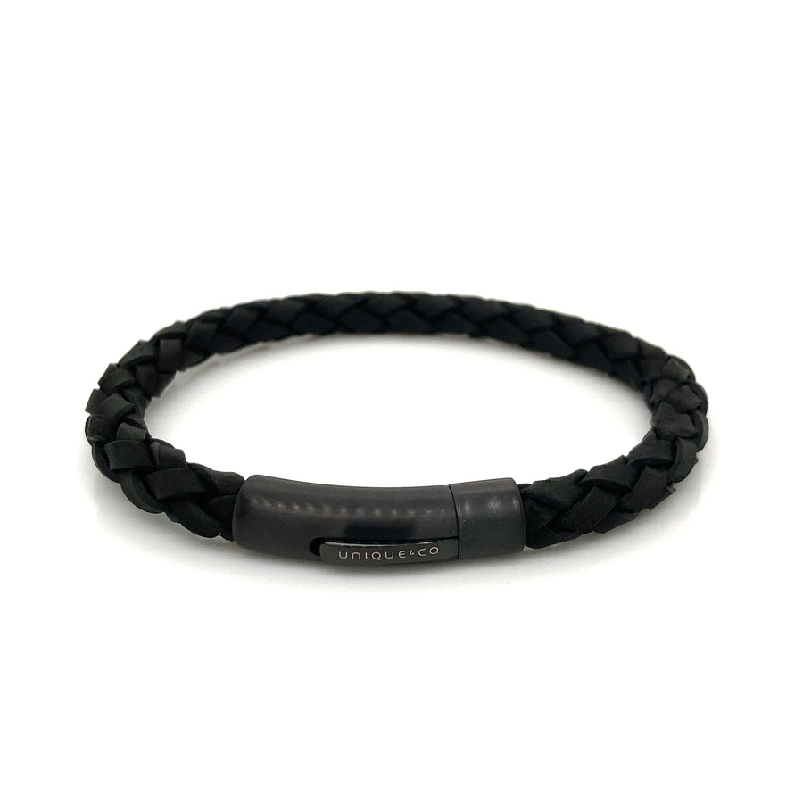 Unique and Co Black Leather Bracelet With IP Plated Matte/Polish Black Steel Magnetic Clasp B493BL