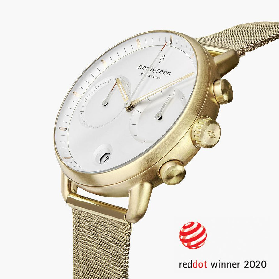Nordgreen Gold Case Pioneer Watch: White Dial and Gold Milanese Bracelet PI42GOMEGOXX
