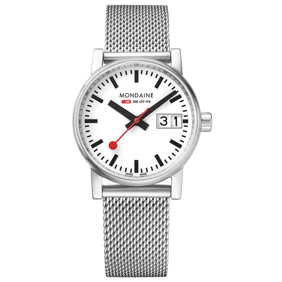 Mondaine Evo2 Big Date 30mm White Dial Mesh Strap Watch