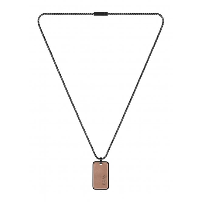 Gents BOSS Black and Rose Gold Stainless Steel Tag Pendant