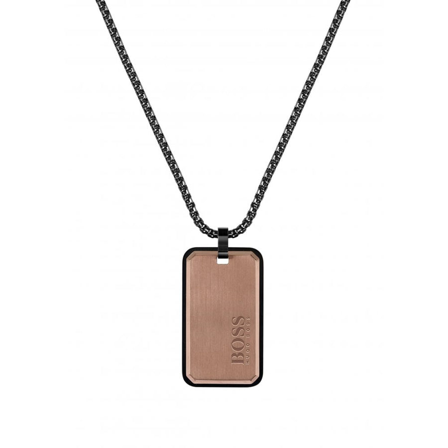 Gents BOSS Black and Rose Gold Stainless Steel Tag Pendant