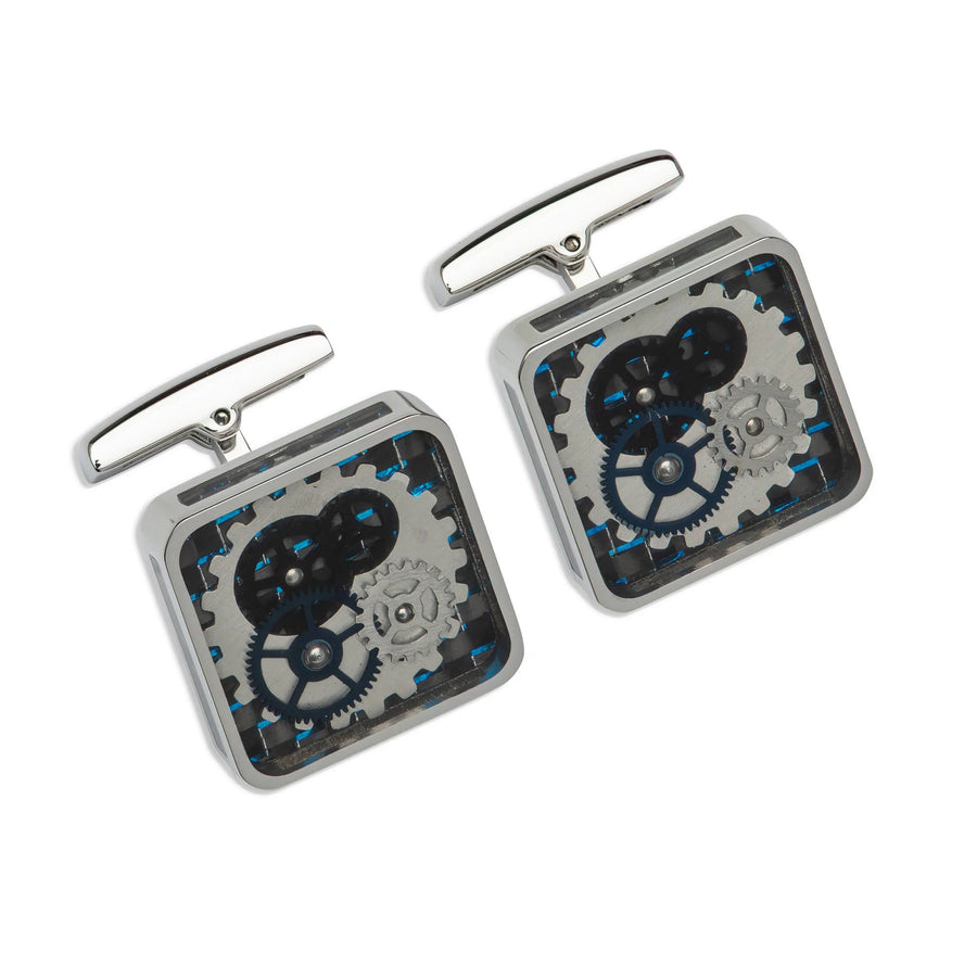 Unique and Co Steel Cufflinks with Carbon Fibre Black and Blue IP Plating